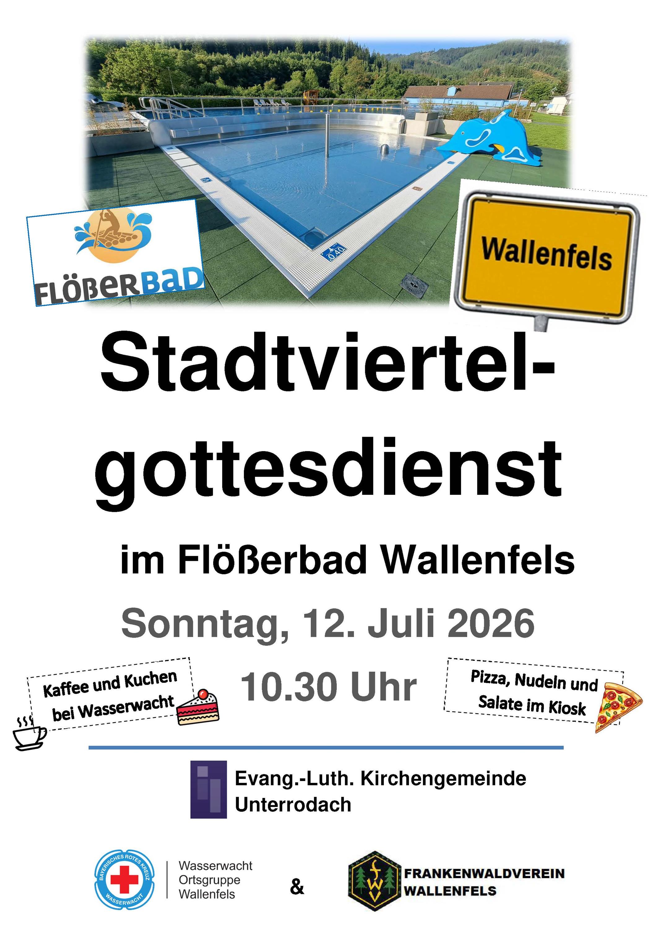 Plakat Stadtviertelgottesdienst Flößerbad 12.07.2026